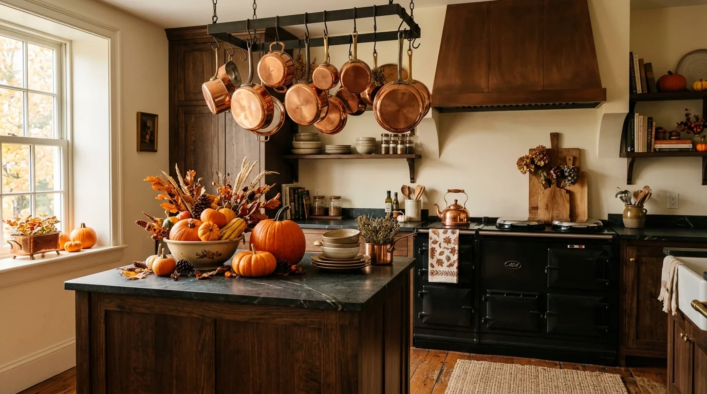 Fall kitchen with copper cookware and orange accents